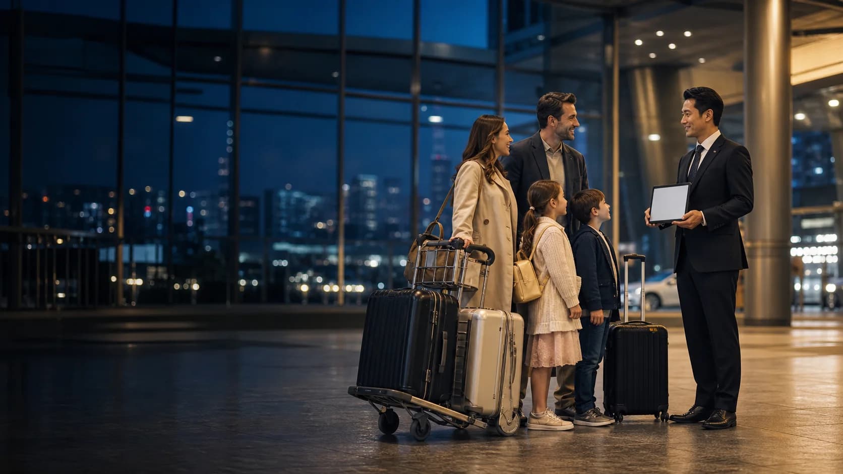 Family with luggage meeting a private chauffeur at Haneda Airport arrivals