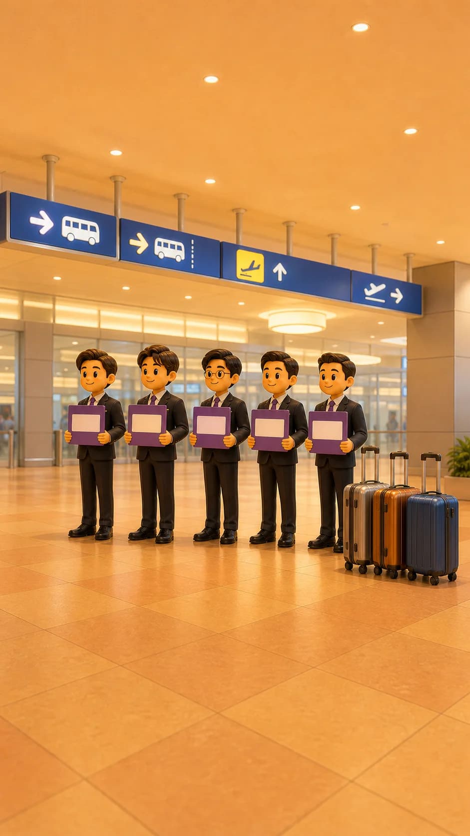 도쿄 공항 도착 로비에서 승객 이름표를 들고 대기하는 제복 차림의 쇼퍼들