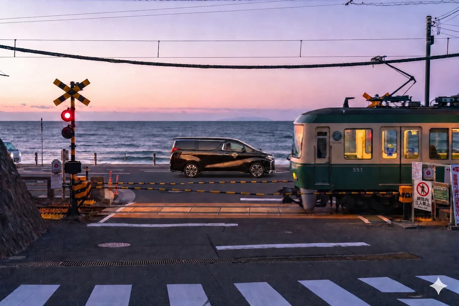 Octoshell private chauffeur vehicle beside the Enoden railway on the Shonan coast