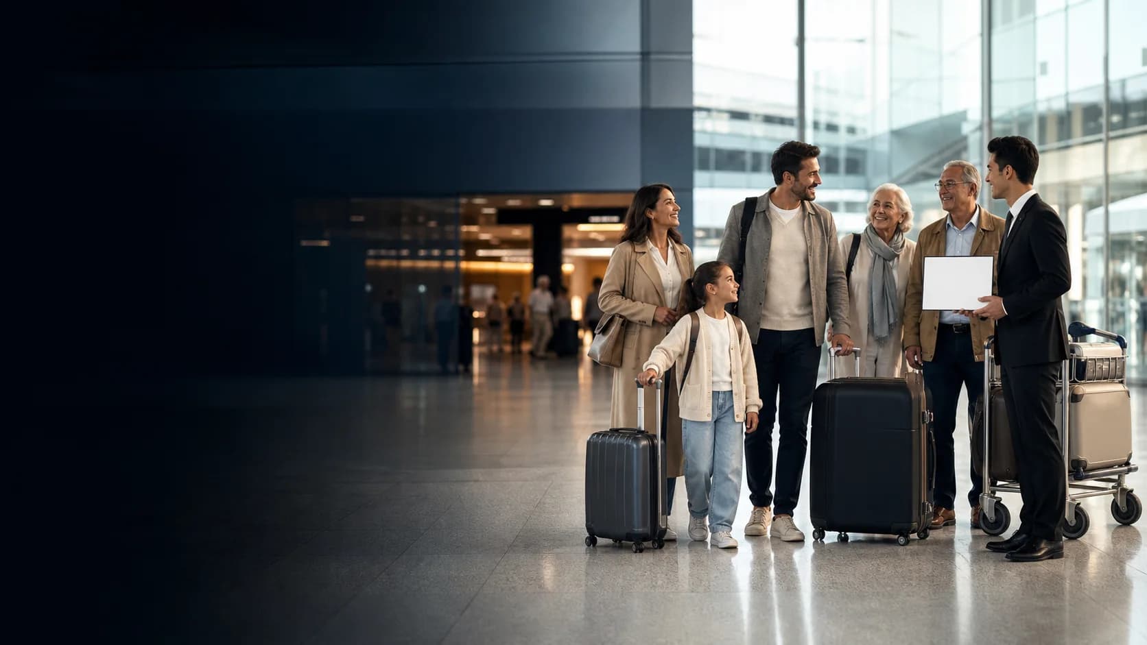 Family with luggage meeting a private chauffeur at Narita International Airport arrivals