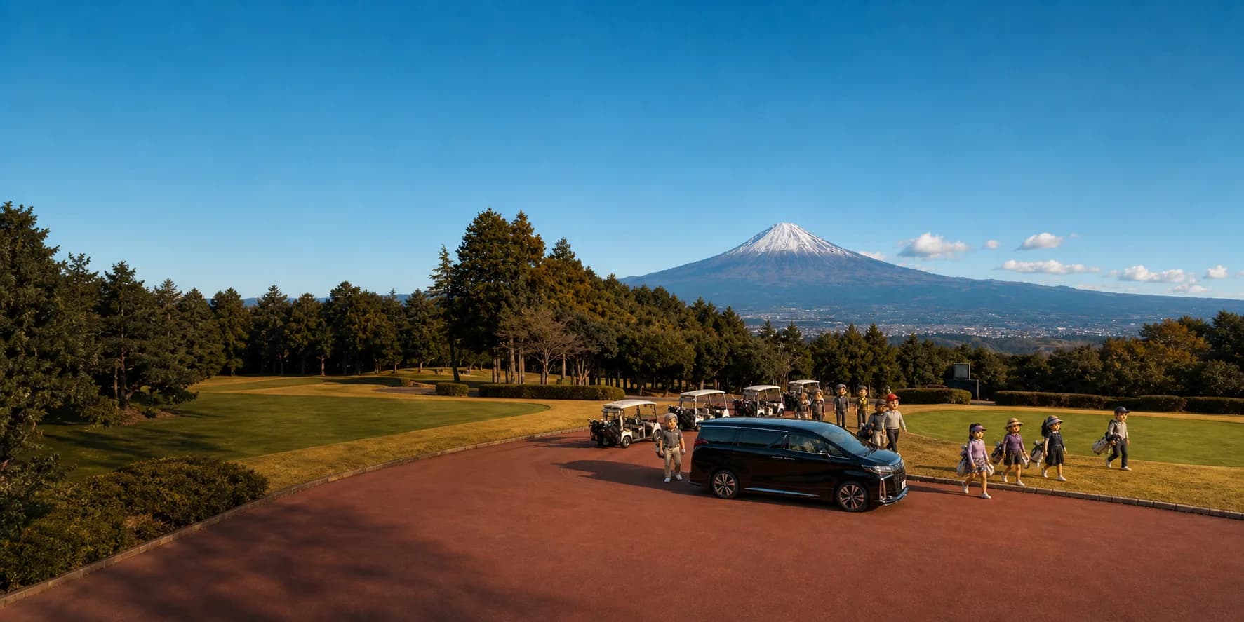 Private golf transfer in Japan with Mount Fuji, golfers, golf bags and a Toyota Alphard