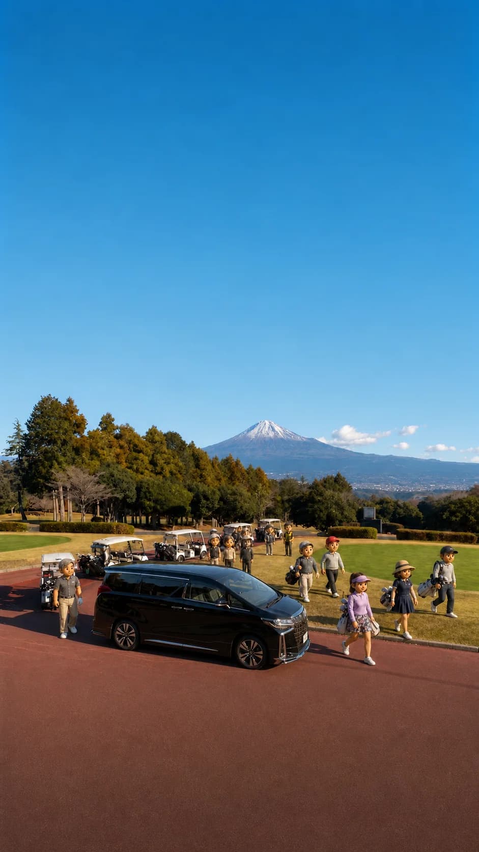 Private golf transfer in Japan with Mount Fuji, golfers, golf bags and a Toyota Alphard