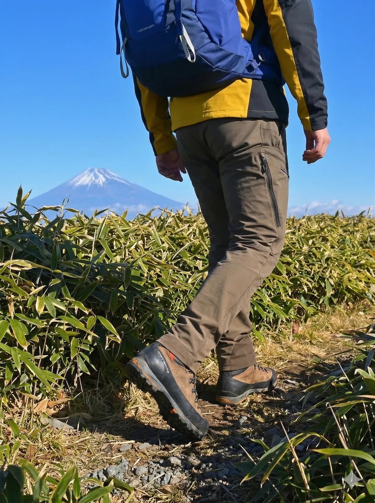 Hiker on a Japanese trail with Mount Fuji in the distance