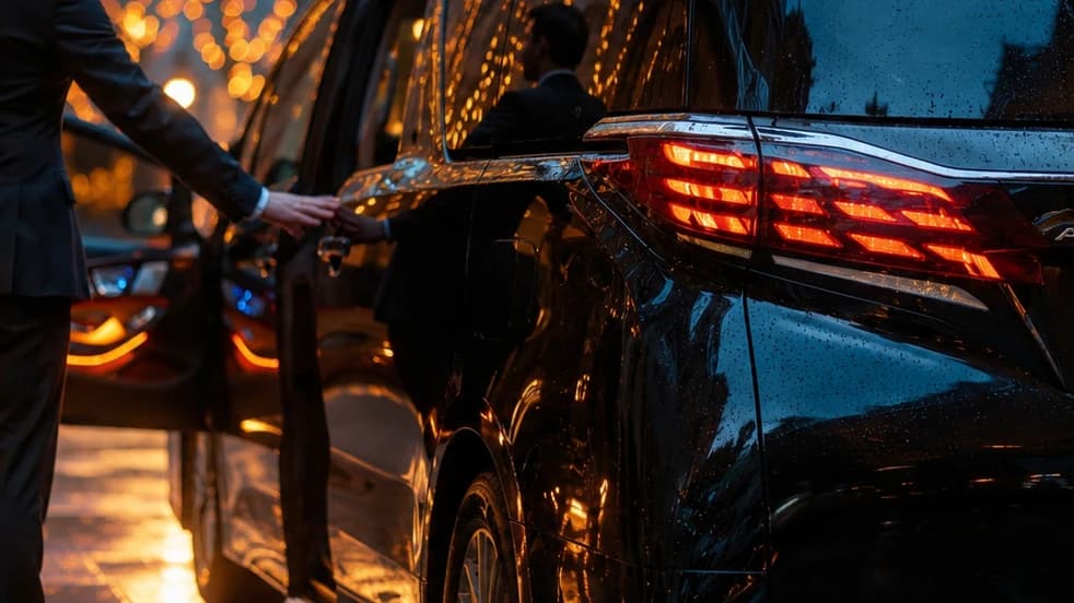 Octoshell Japan chauffeur opening a black private vehicle on a rainy Tokyo night