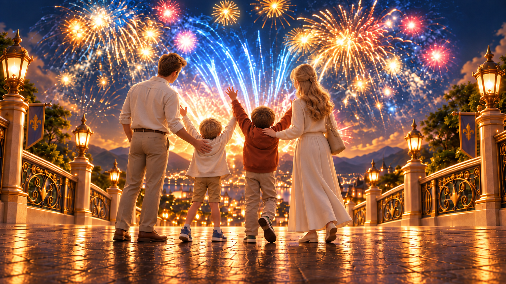 Family watching fireworks before their Tokyo Disney Resort private transfer
