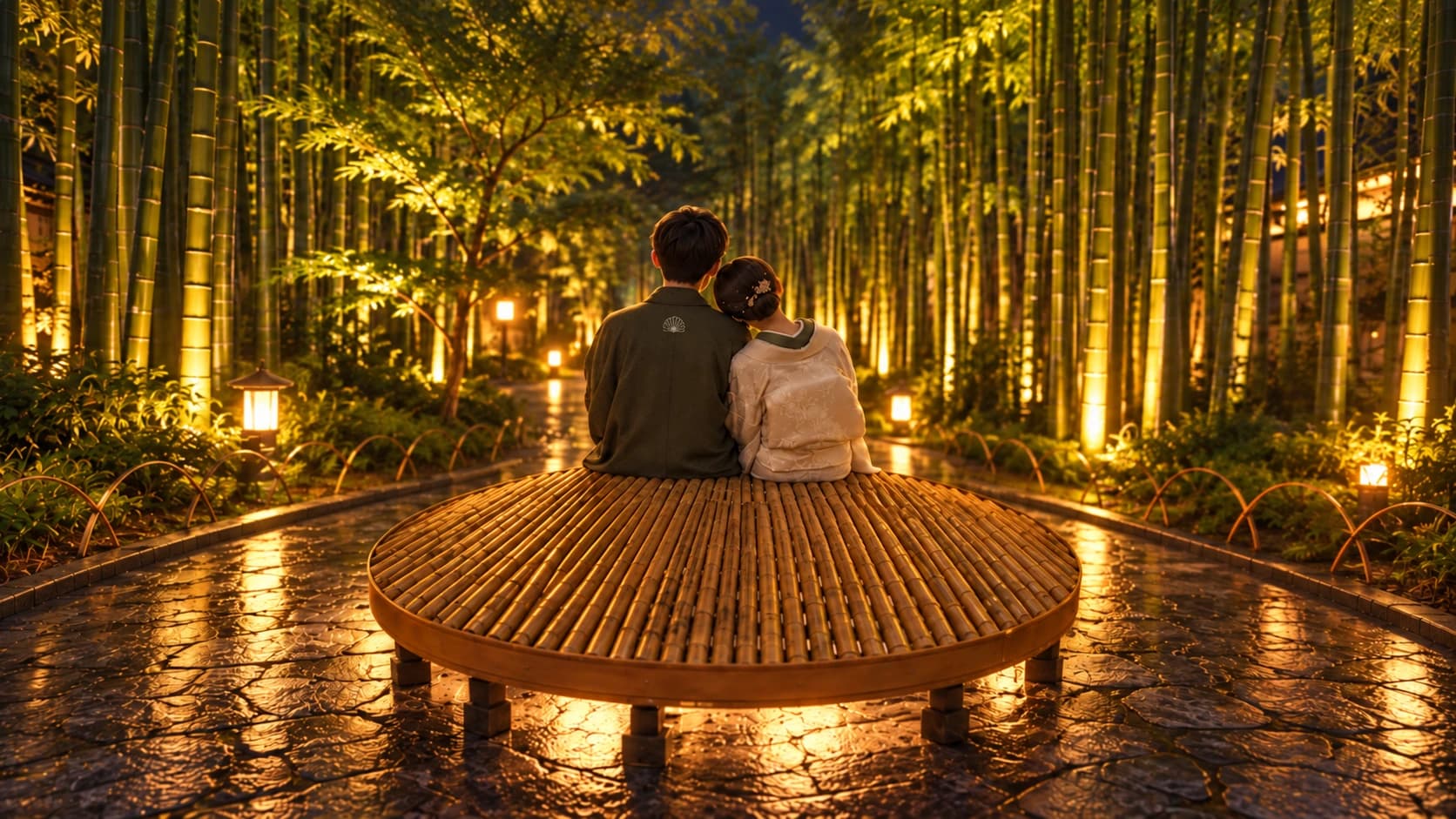 Shuzenji-inspired illustration of a couple in yukata resting among illuminated bamboo