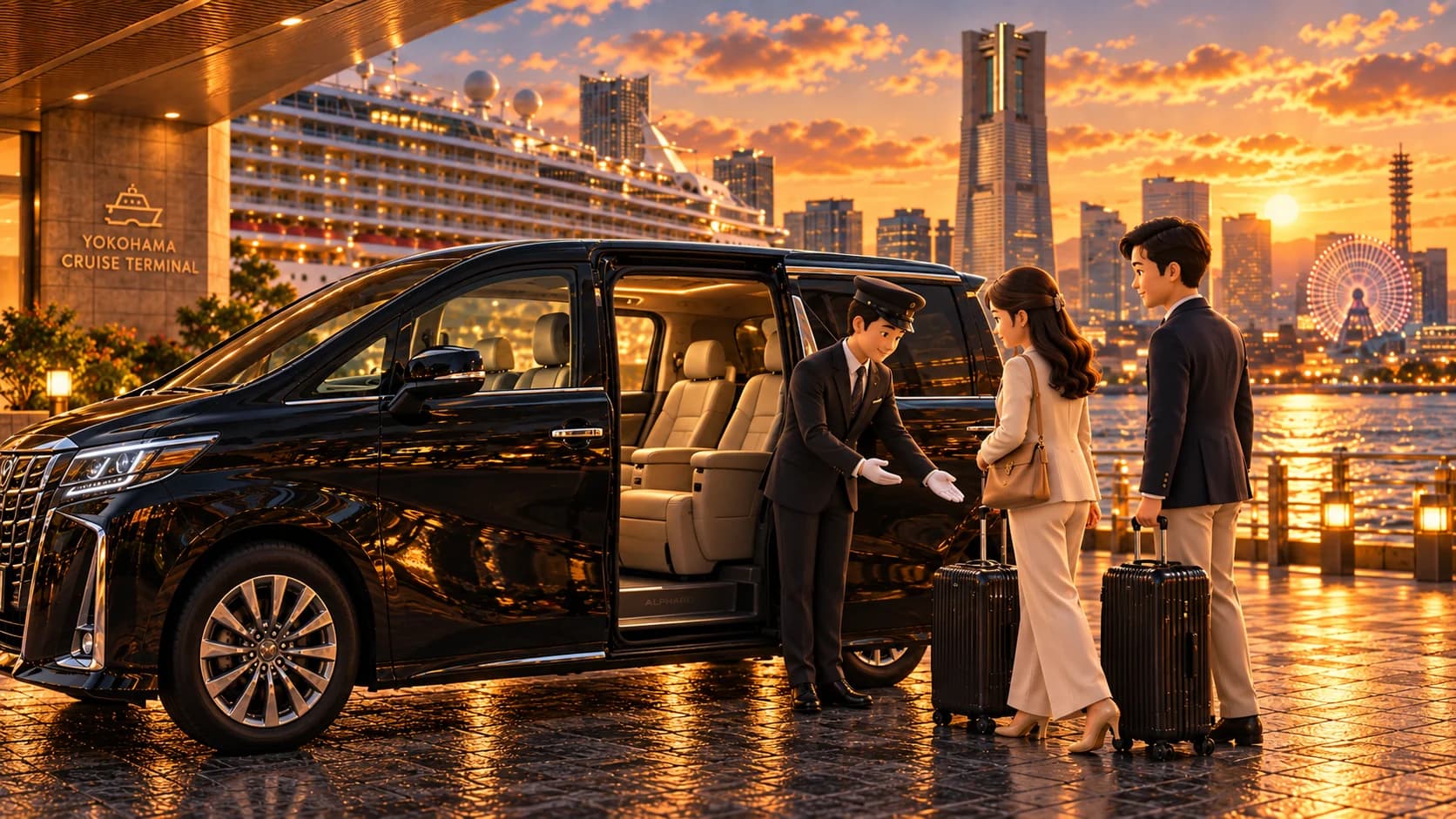 A black Toyota Alphard with a uniformed chauffeur welcoming cruise passengers and their luggage at Yokohama waterfront