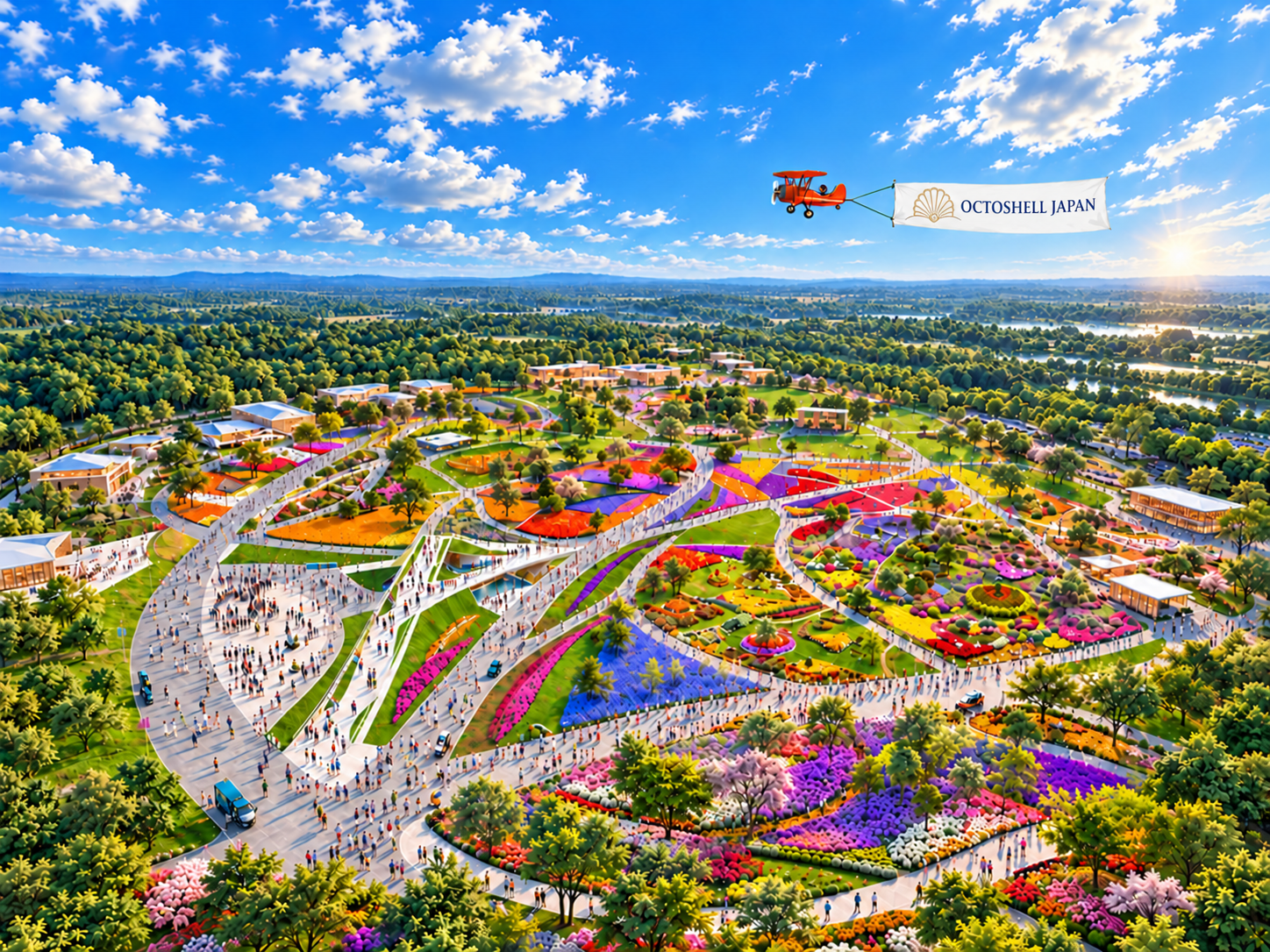 Illustrated aerial garden panorama with an Octoshell Japan banner plane