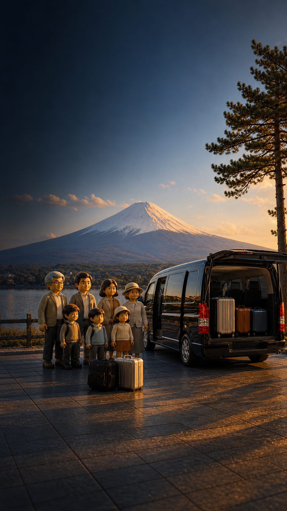 富士山背景下私人專車旁的家庭與行李