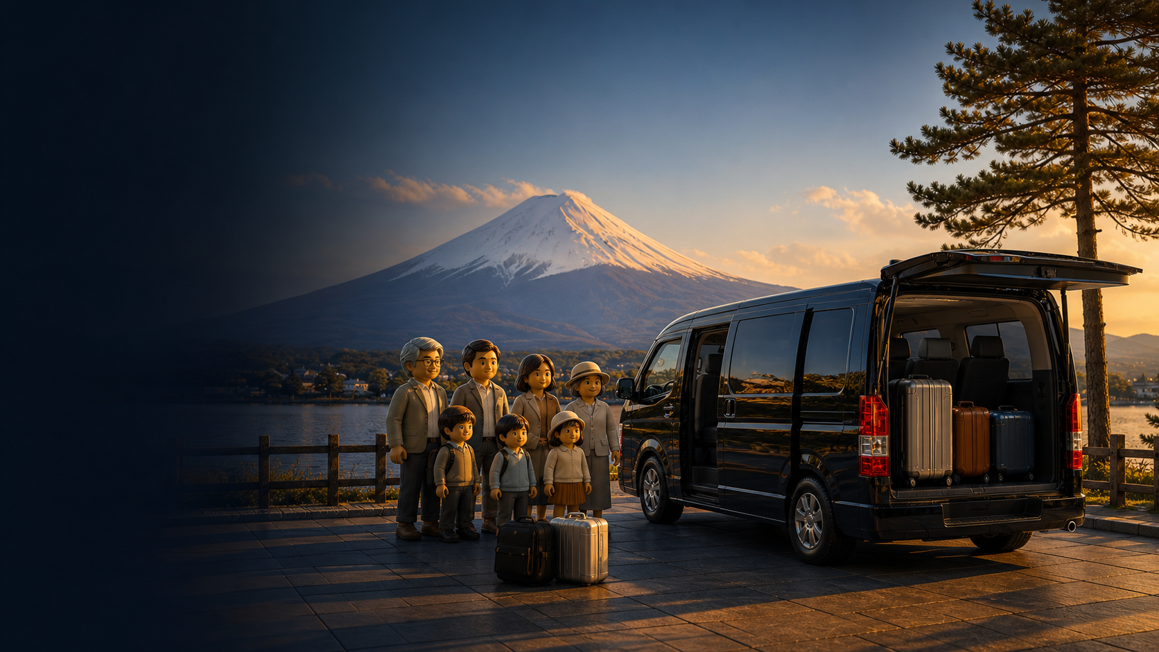 富士山背景下私人專車旁的家庭與行李